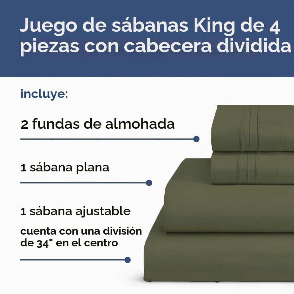 JUEGO DE SÁBANAS SPLIT KING CGK UNLIMITED VERDE SALVIA 4 PIEZAS - 2