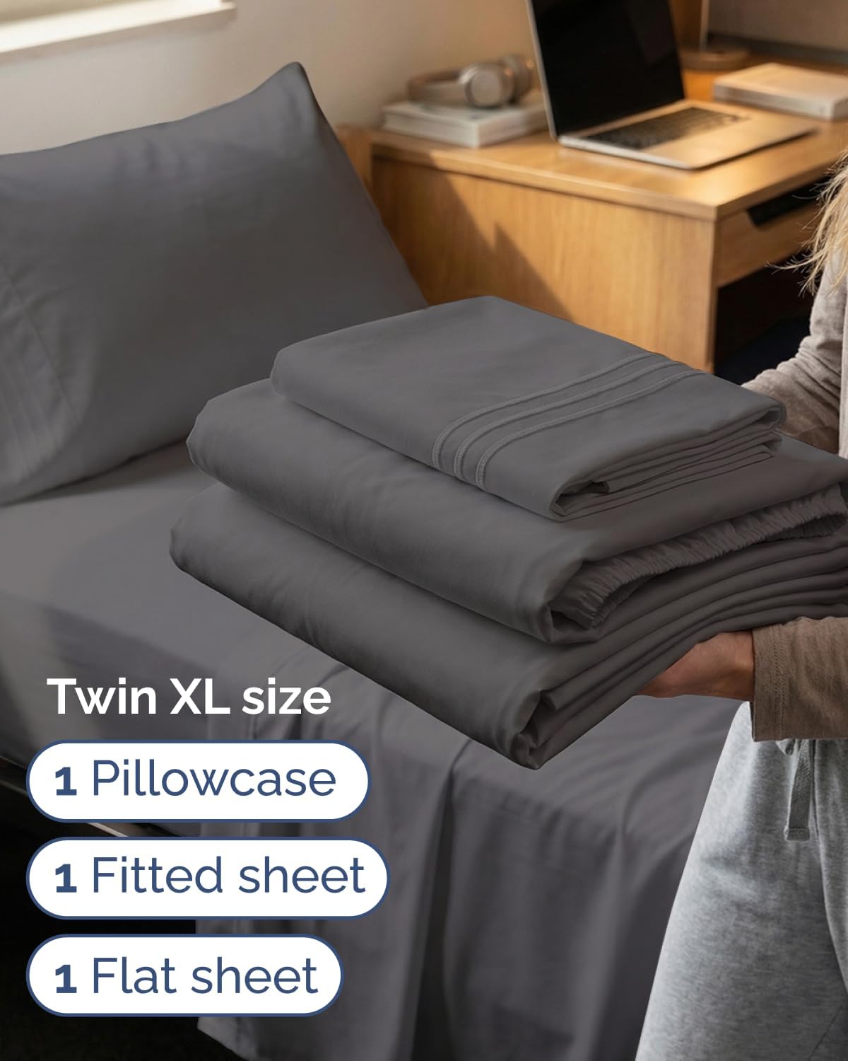 JUEGO DE SÁBANAS TWIN XL 3 PIEZAS MICROFIBRA GRIS OSCURO - 3