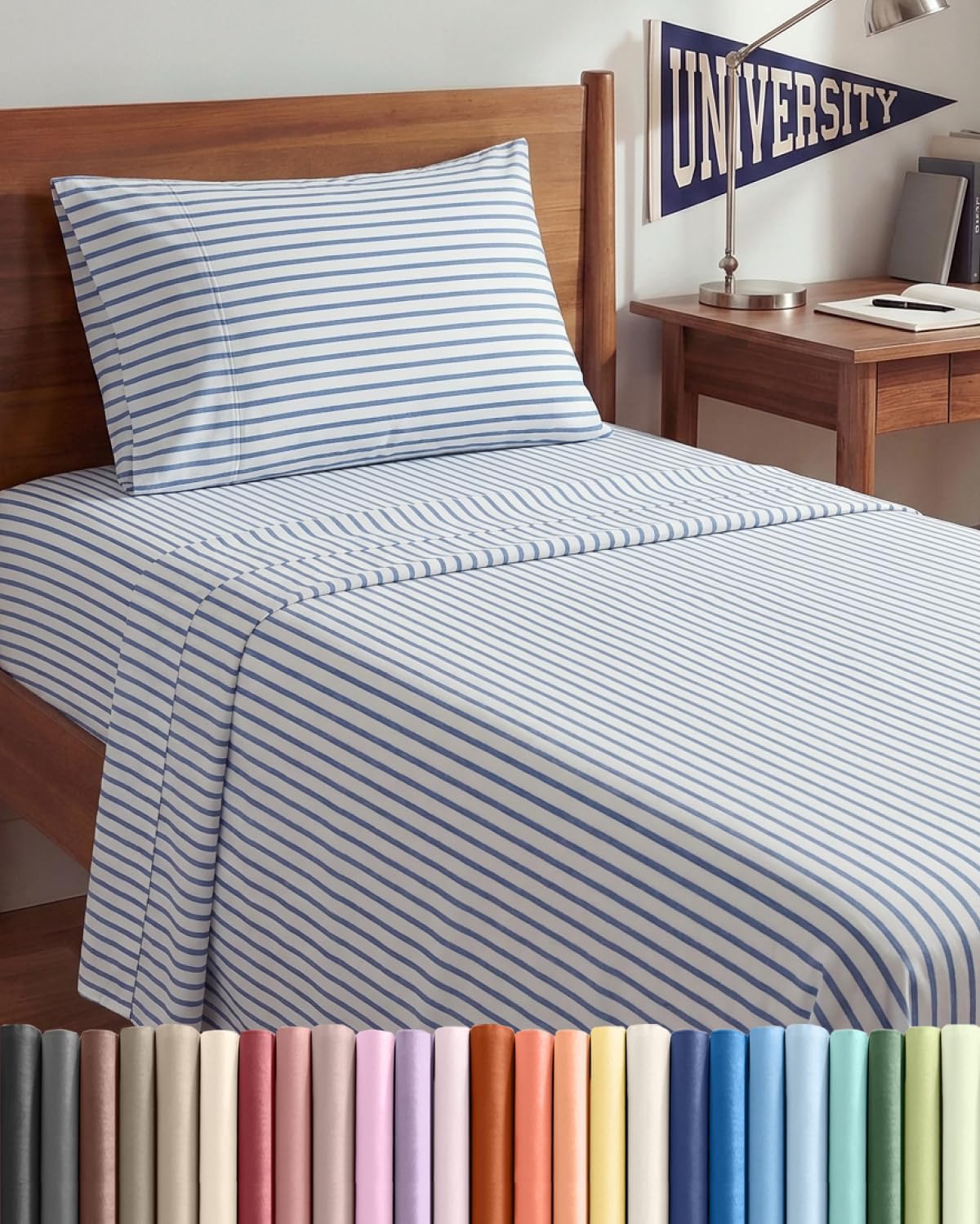JUEGO DE SÁBANAS TWIN XL 3 PIEZAS MICROFIBRA AZUL A RAYAS - 1