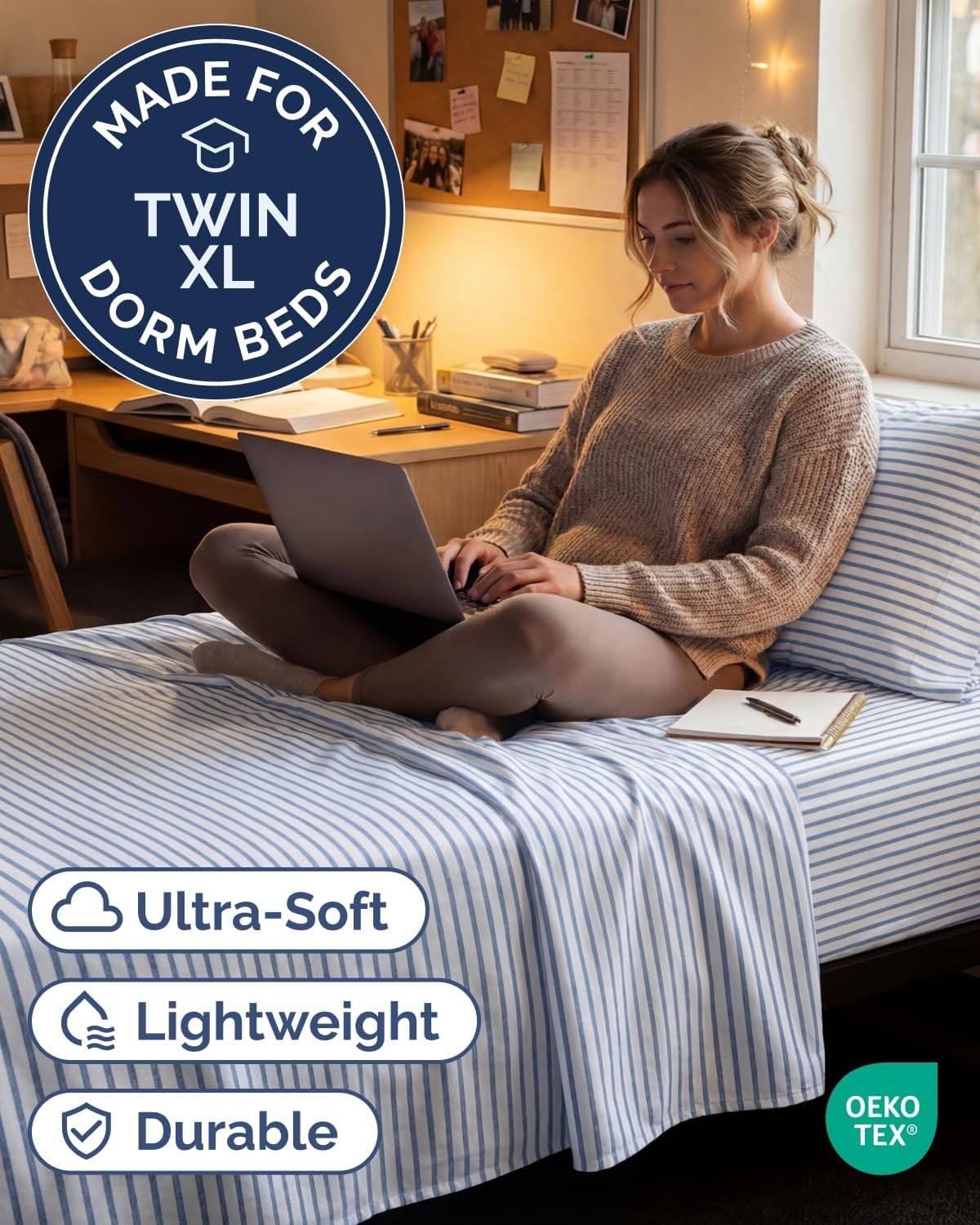 JUEGO DE SÁBANAS TWIN XL 3 PIEZAS MICROFIBRA AZUL A RAYAS - 2