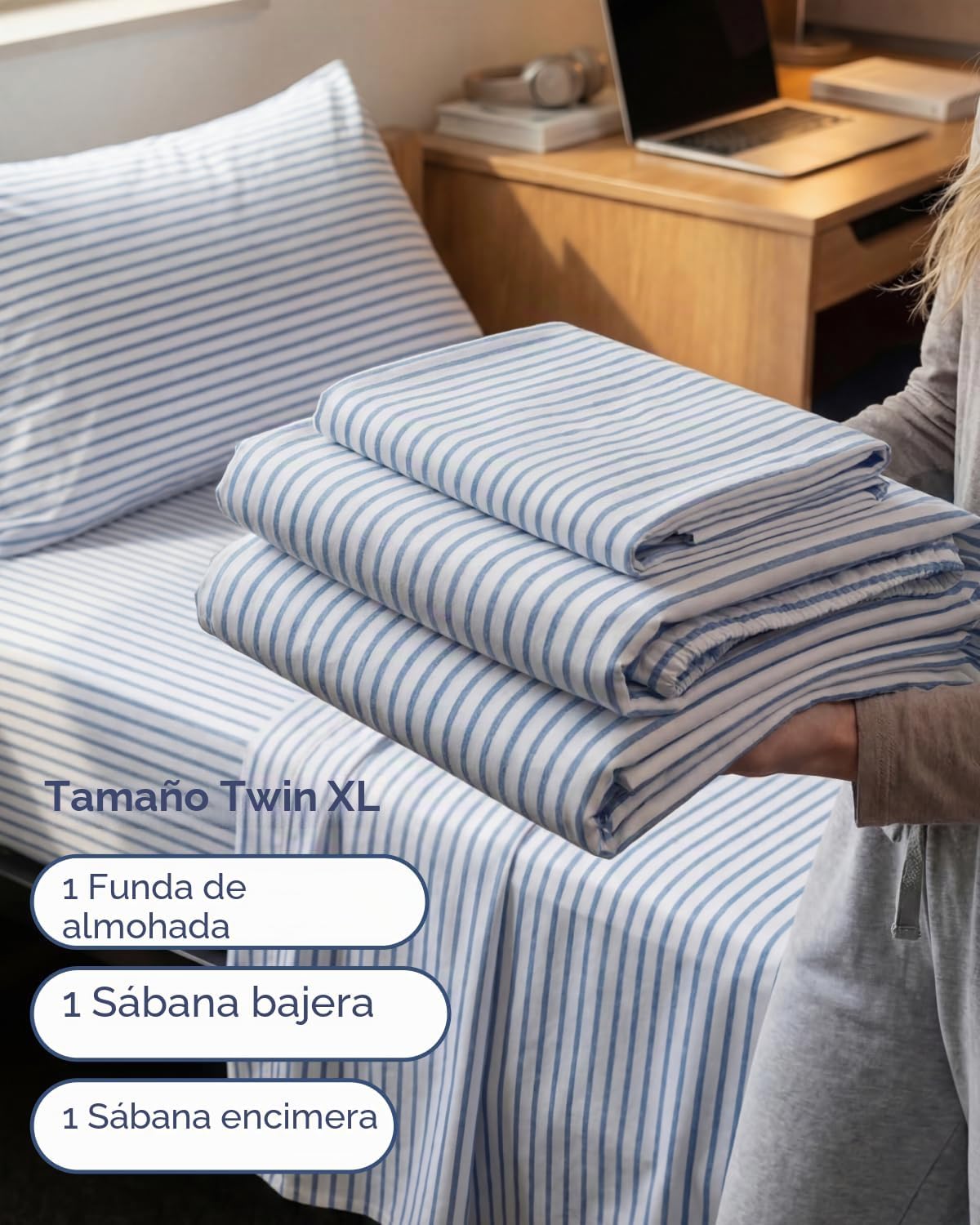 JUEGO DE SÁBANAS TWIN XL 3 PIEZAS MICROFIBRA AZUL A RAYAS - 3