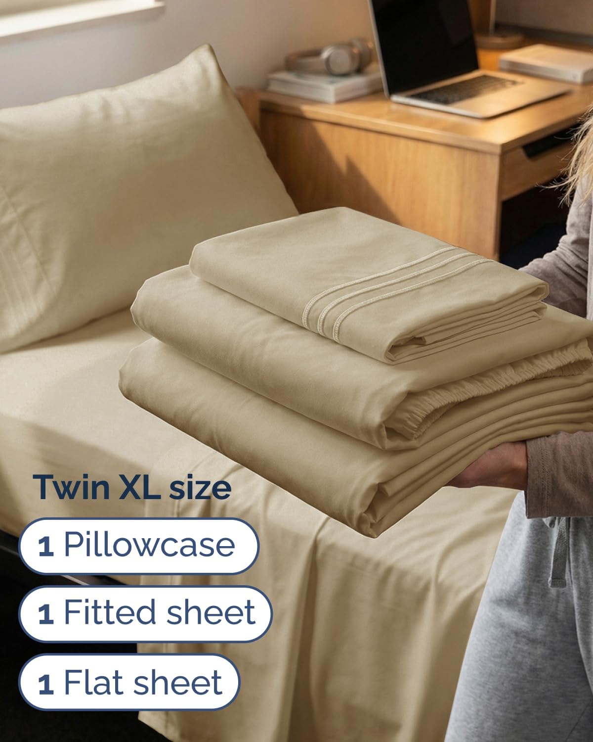 JUEGO DE SÁBANAS TWIN XL 3 PIEZAS MICROFIBRA BEIGE CGK UNLIMITED - 3