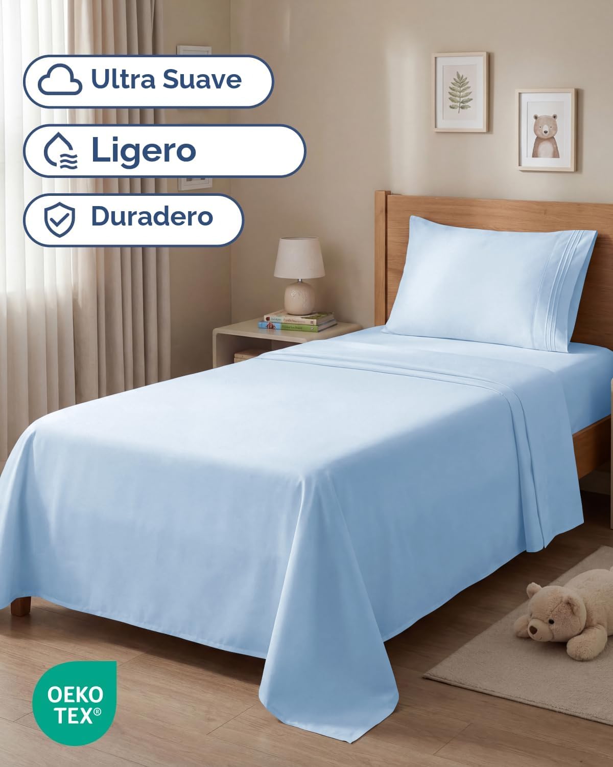 JUEGO DE SÁBANAS TWIN SIZE 3 PIEZAS MICROFIBRA AZUL CLARO - 2