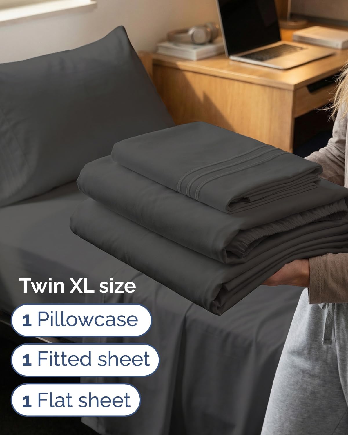 JUEGO DE SÁBANAS TWIN XL 3 PIEZAS MICROFIBRA CHARCOAL - 3