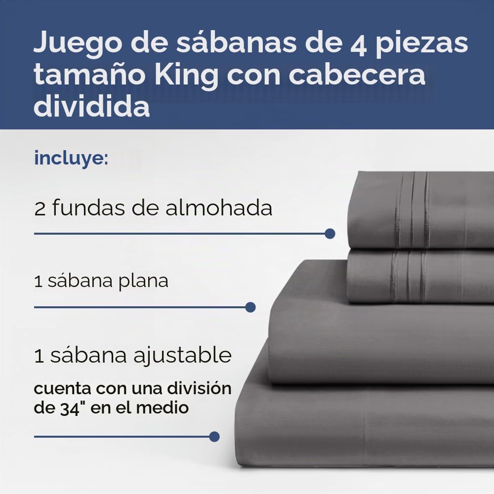JUEGO DE SÁBANAS SPLIT KING CGK UNLIMITED GRIS OSCURO 4 PIEZAS - 3