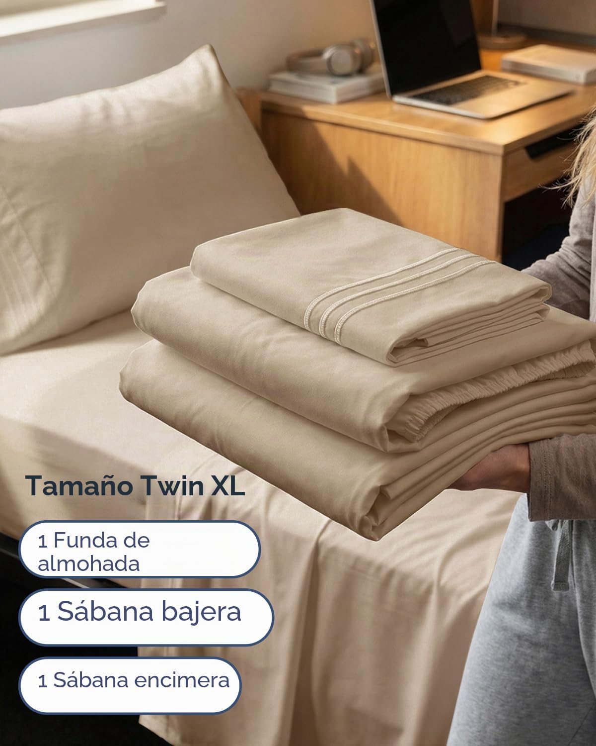 JUEGO DE SÁBANAS TWIN XL 3 PIEZAS CGK UNLIMITED MICROFIBRA CREMA - 3