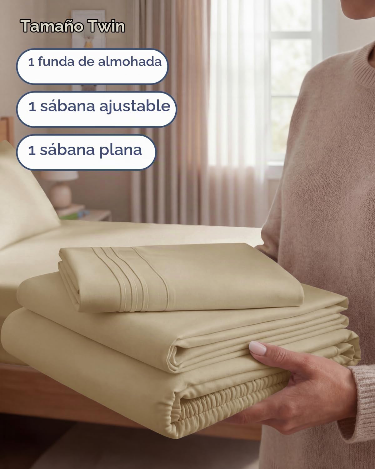 JUEGO DE SÁBANAS TWIN SIZE 3 PIEZAS MICROFIBRA BEIGE CGK UNLIMITED - 3
