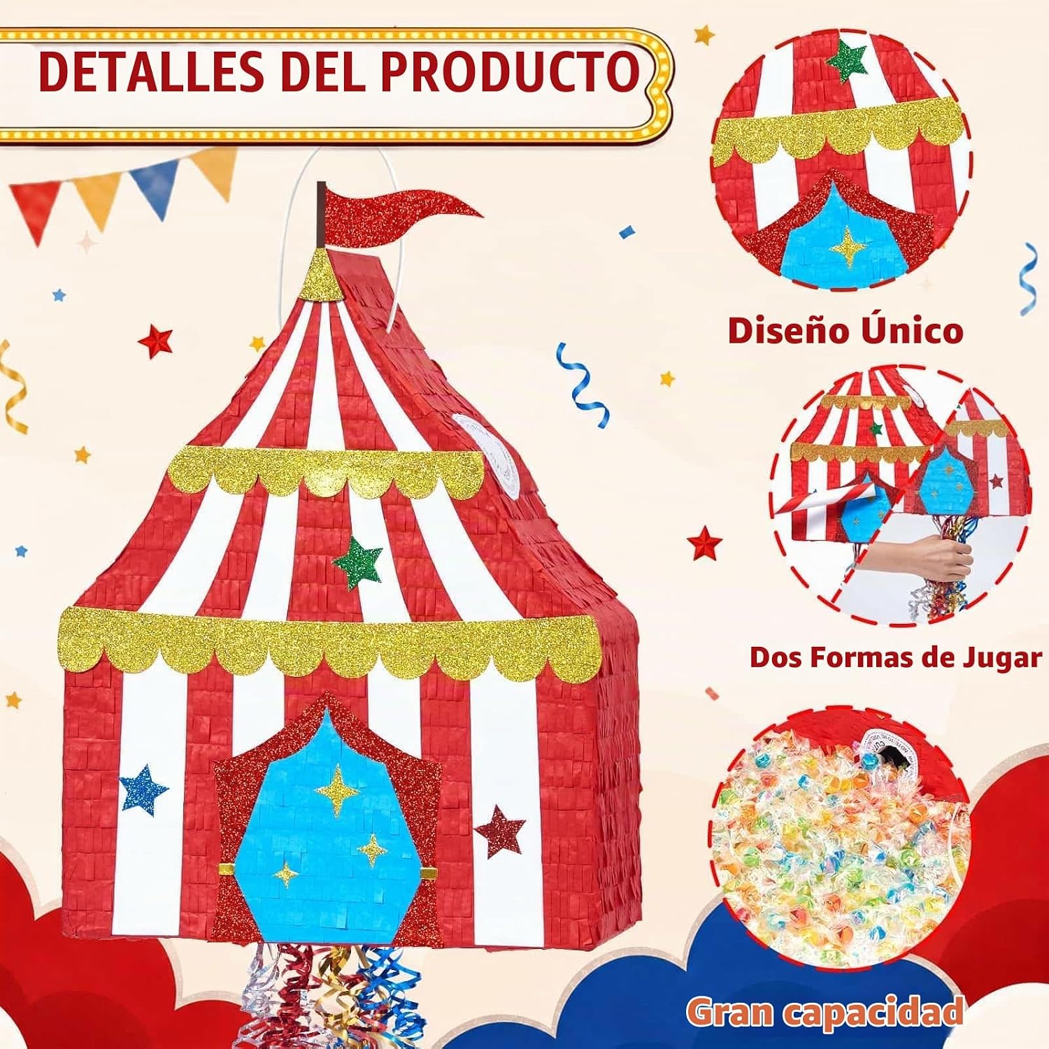 PIÑATA CARPA DE CIRCO WERNNSAI ROJO Y BLANCO TEMA CARNAVAL - 2