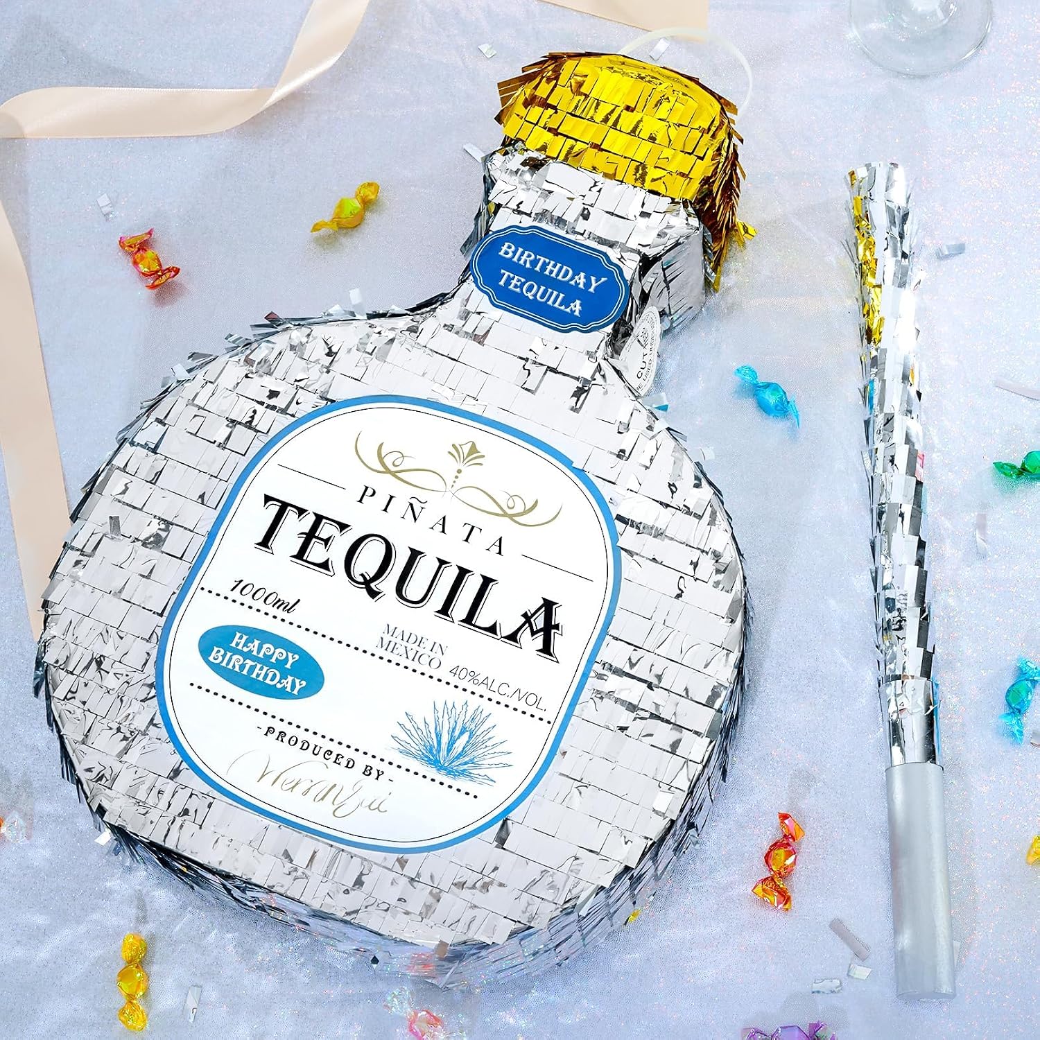 PIÑATA BOTELLA DE TEQUILA PLATEADO WERNNSAI PARA FIESTA DISCO - 5