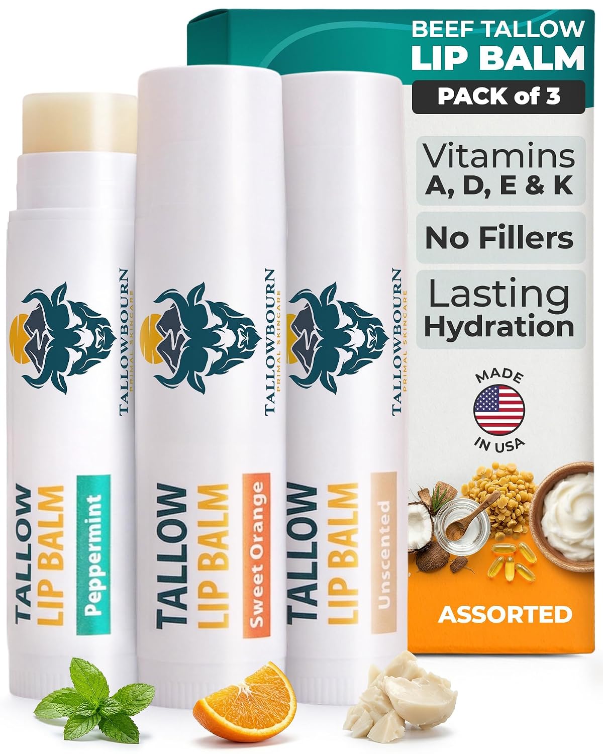 BÁLSAMO LABIAL HIDRATANTE TALLOWBOURN SEBO DE RES ALIMENTADO CON PASTO PACK 3 - 1