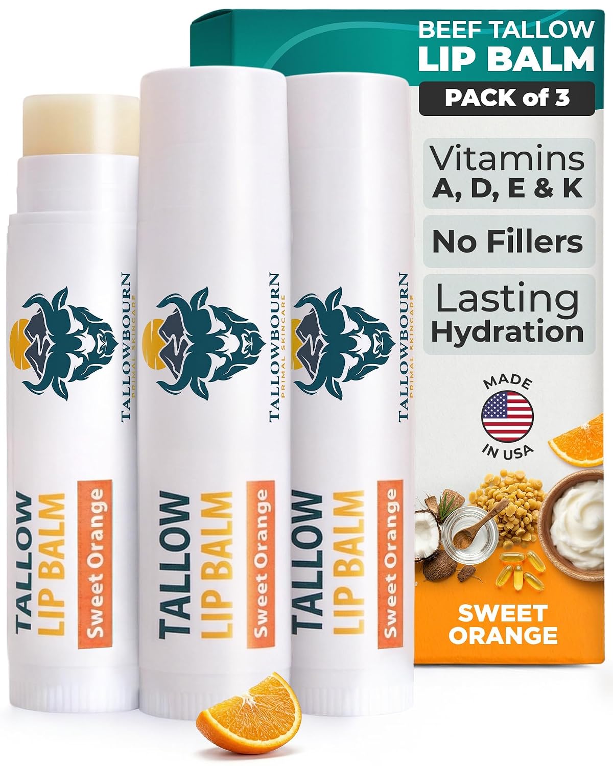 BÁLSAMO LABIAL HIDRATANTE TALLOWBOURN GRASS-FED BEEF TALLOW NARANJA DULCE PACK 3 - 1