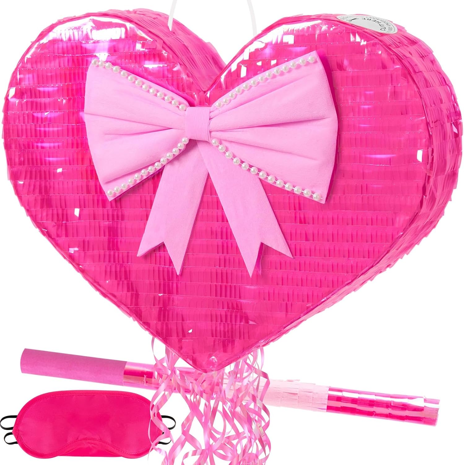 PIÑATA CORAZÓN ROSA CON ANTIFAZ Y PALO PARA GOLPEAR - 1