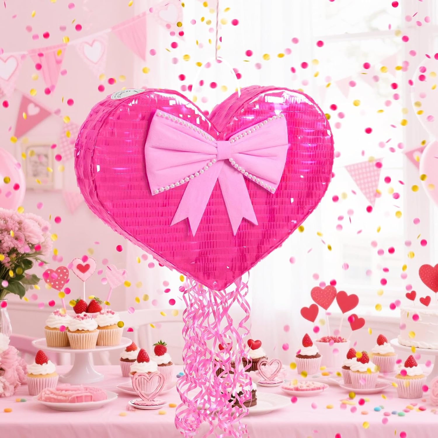 PIÑATA CORAZÓN ROSA CON ANTIFAZ Y PALO PARA GOLPEAR - 2