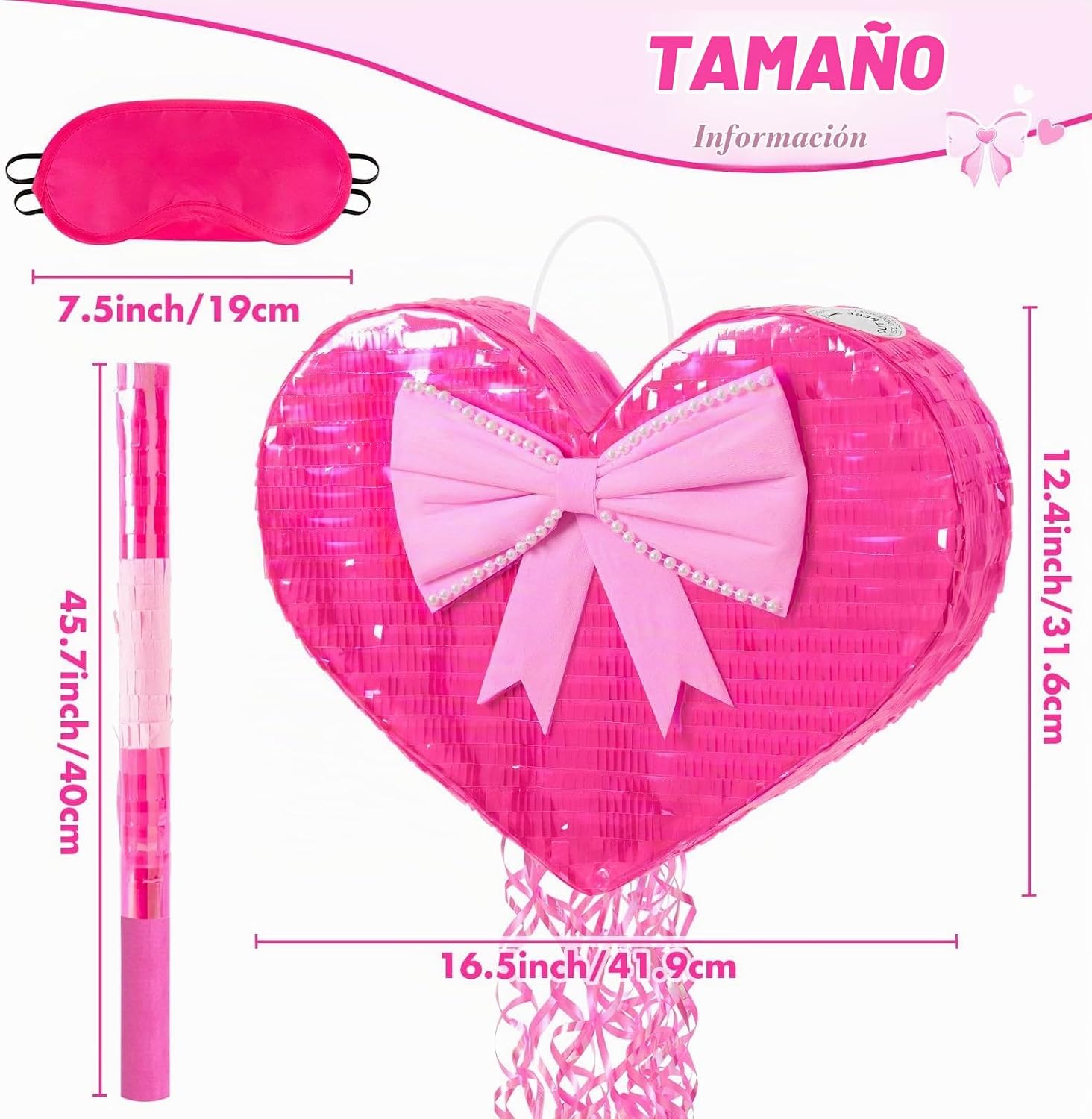PIÑATA CORAZÓN ROSA CON ANTIFAZ Y PALO PARA GOLPEAR - 3