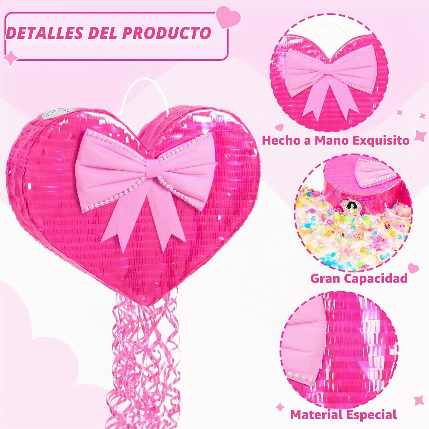 PIÑATA CORAZÓN ROSA CON ANTIFAZ Y PALO PARA GOLPEAR - 4