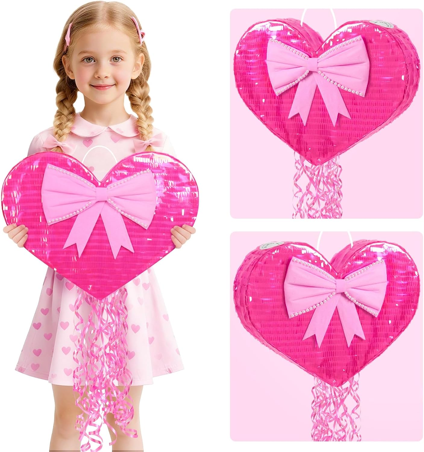 PIÑATA CORAZÓN ROSA CON ANTIFAZ Y PALO PARA GOLPEAR - 5