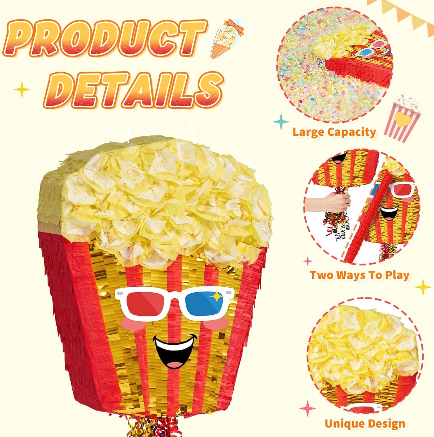 PIÑATA PALOMITAS WERNNSAI CON CUERDA DE TRACCIÓN, PALO Y ANTIFAZ - 4