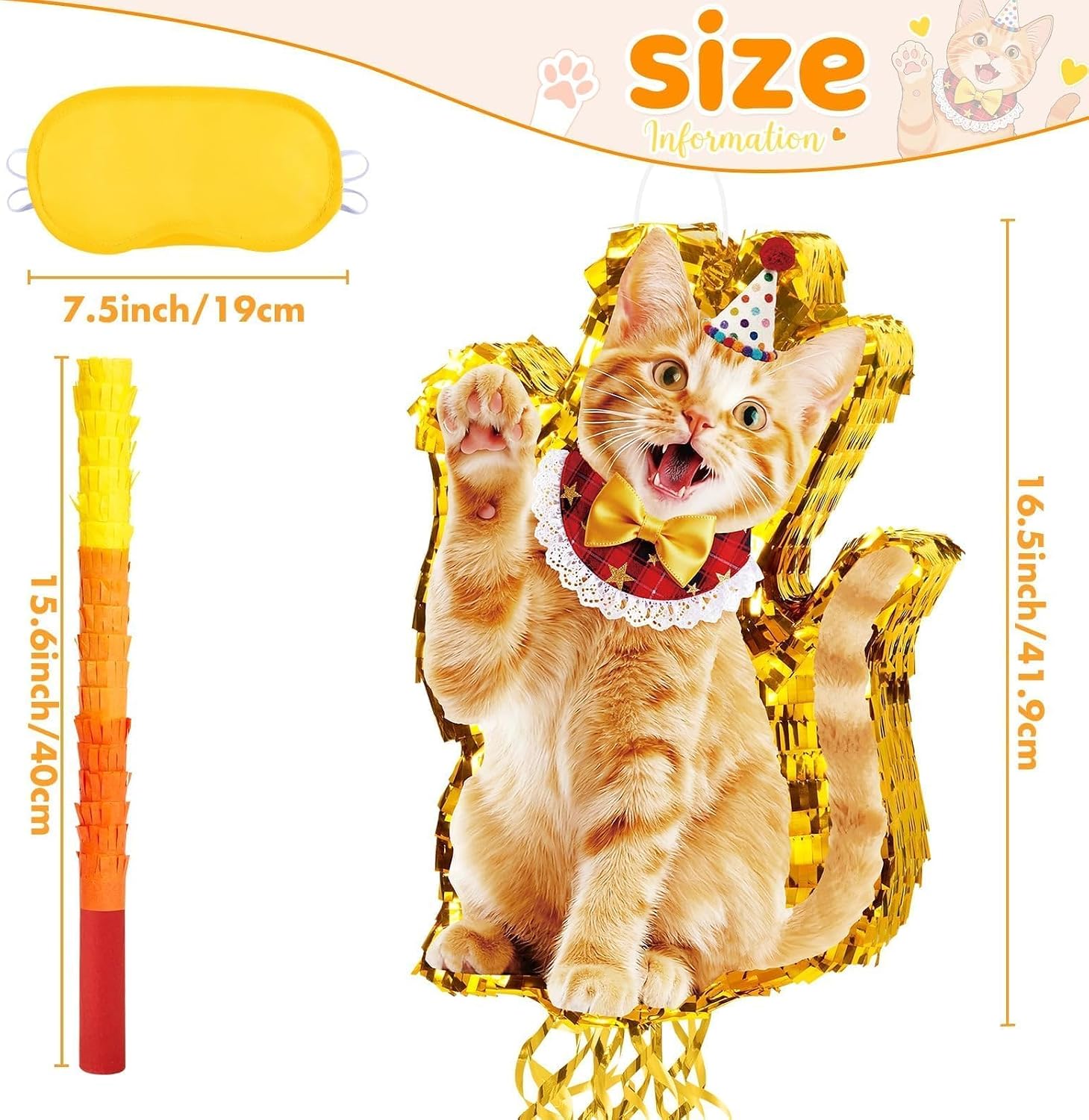PIÑATA GATO NARANJA WERNNSAI CON ANTIFAZ Y PALO PARA FIESTA - 3