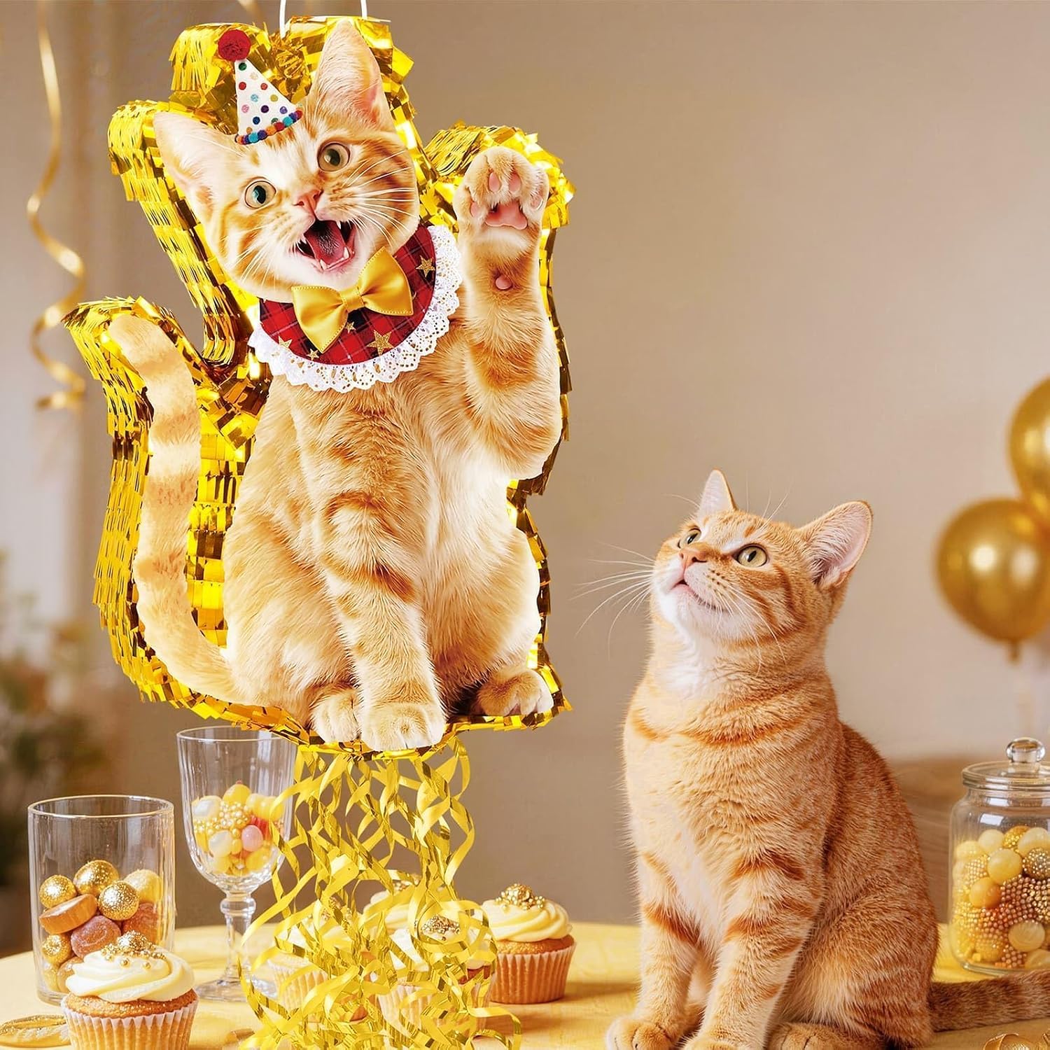 PIÑATA GATO NARANJA WERNNSAI CON ANTIFAZ Y PALO PARA FIESTA - 4