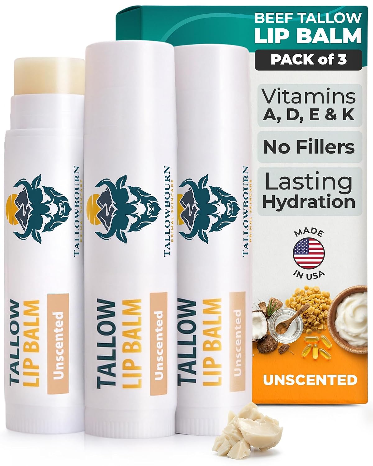 BÁLSAMO LABIAL HIDRATANTE TALLOWBOURN GRASS-FED BEEF TALLOW SIN AROMA PACK 3 - 1