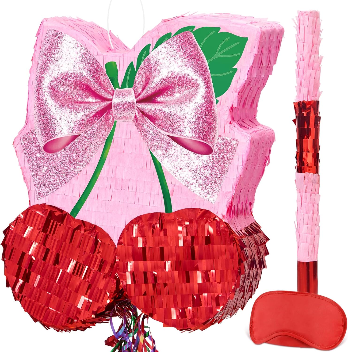 PIÑATA CEREZA WERNNSAI CON MOÑO ROSA DECORACIÓN DE FIESTA - 1
