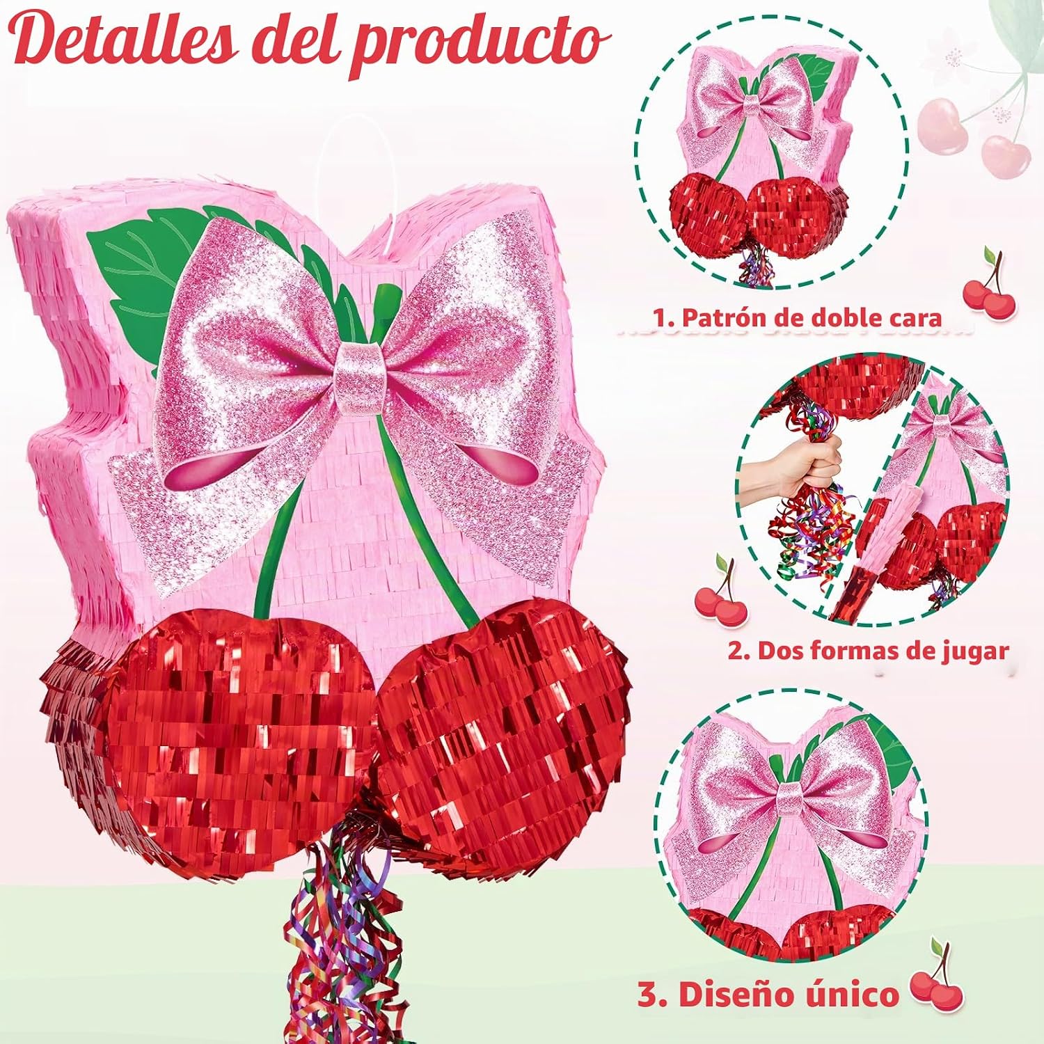 PIÑATA CEREZA WERNNSAI CON MOÑO ROSA DECORACIÓN DE FIESTA - 2