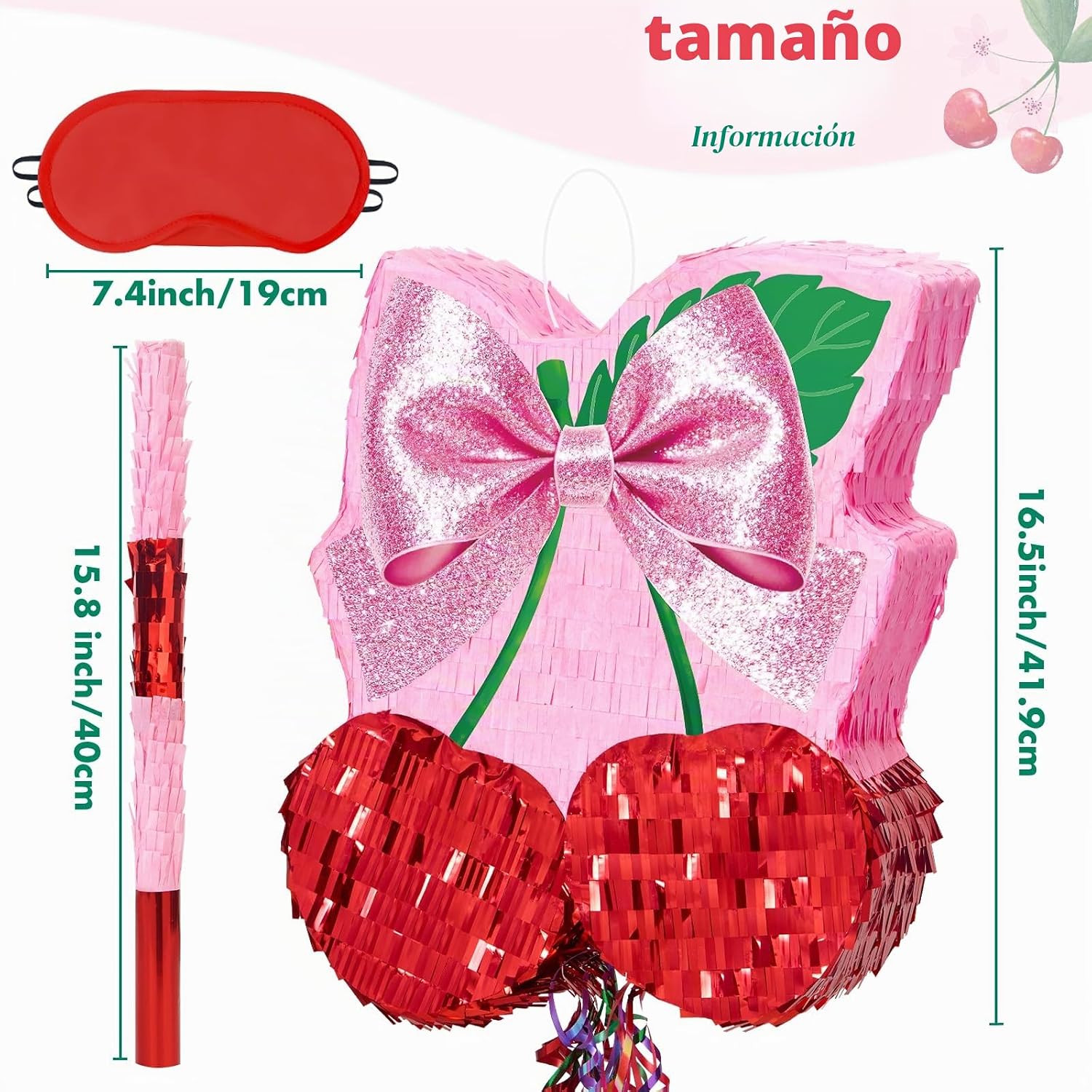 PIÑATA CEREZA WERNNSAI CON MOÑO ROSA DECORACIÓN DE FIESTA - 3
