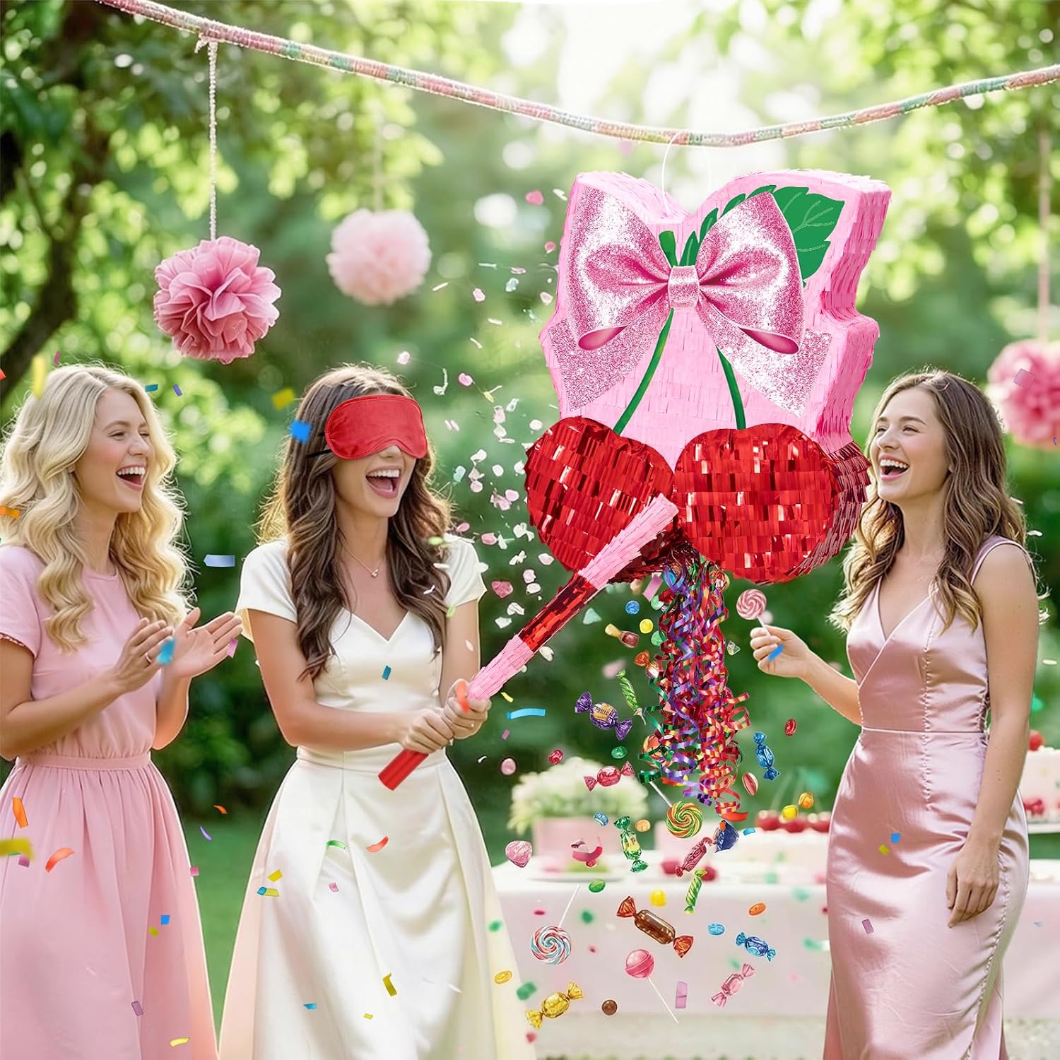 PIÑATA CEREZA WERNNSAI CON MOÑO ROSA DECORACIÓN DE FIESTA - 4