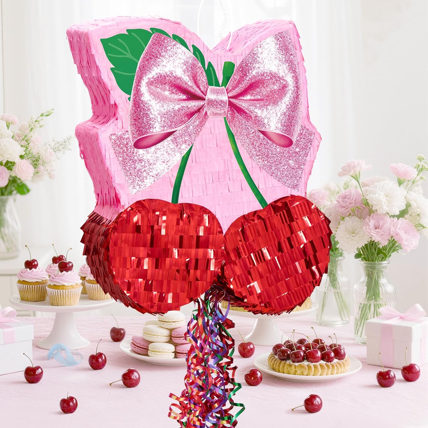 PIÑATA CEREZA WERNNSAI CON MOÑO ROSA DECORACIÓN DE FIESTA - 5