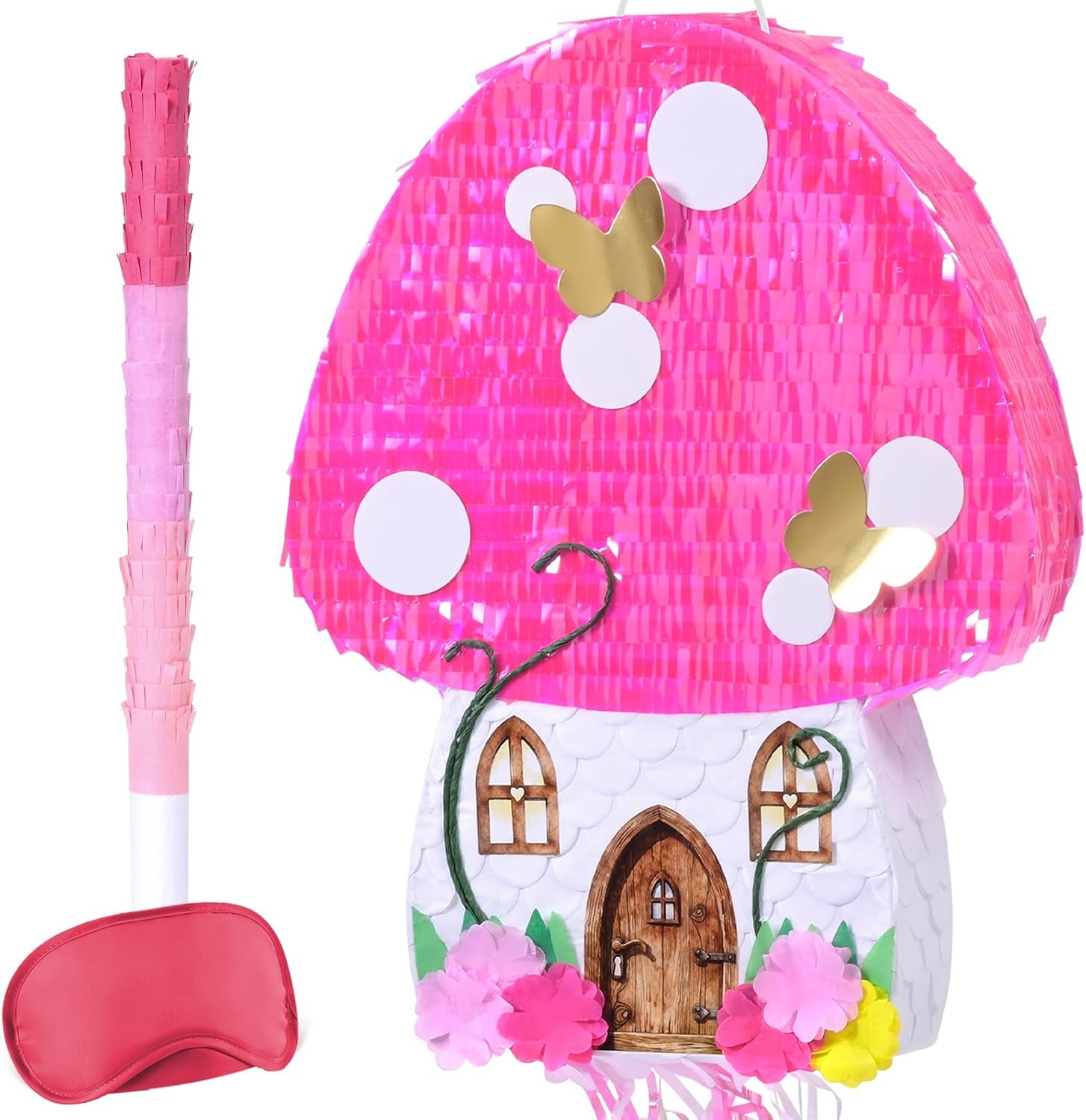 PIÑATA CASA DE SETAS ROSA CON FLORES Y MARIPOSAS WERNNSAI - 1
