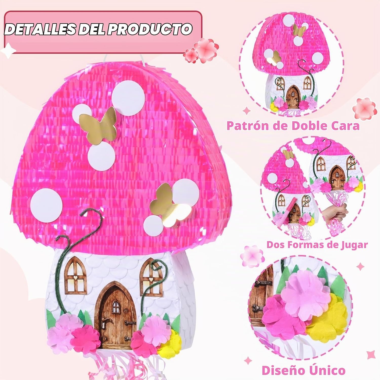 PIÑATA CASA DE SETAS ROSA CON FLORES Y MARIPOSAS WERNNSAI - 2