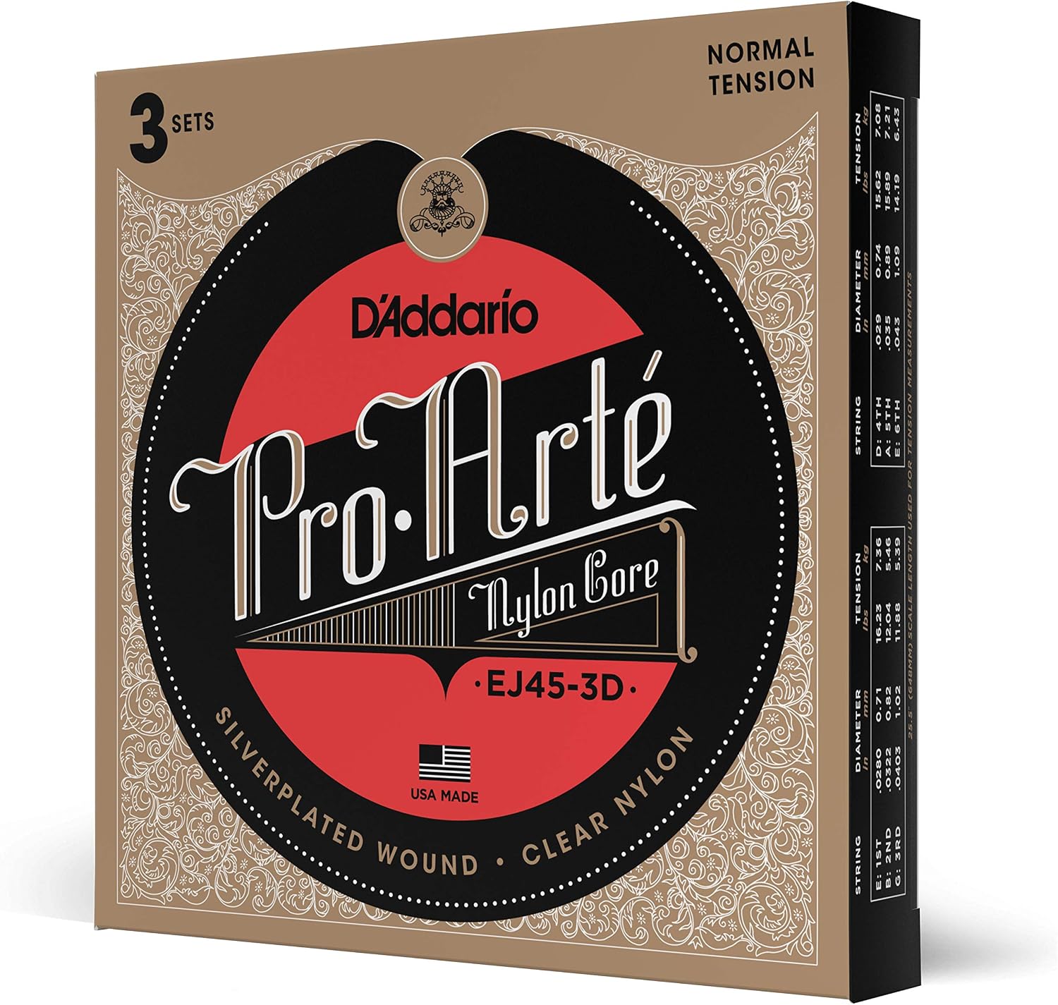 CUERDAS PARA GUITARRA CLÁSICA D'ADDARIO PRO-ARTE NYLON TENSIÓN NORMAL, 3 JUEGOS - 1