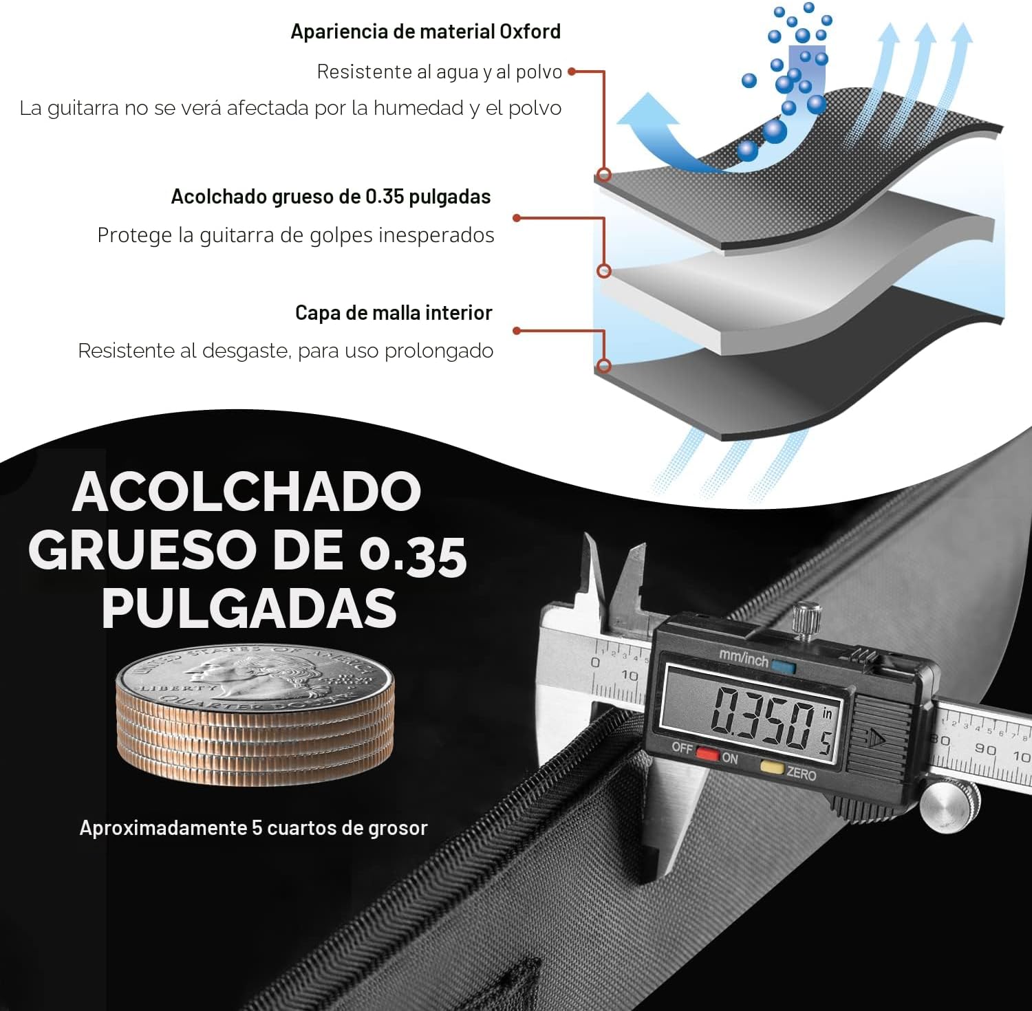FUNDA PARA GUITARRA ACÚSTICA CAHAYA 41 PULGADAS CON ACOLCHADO 0.35 PULGADAS RESISTENTE AL AGUA - 3