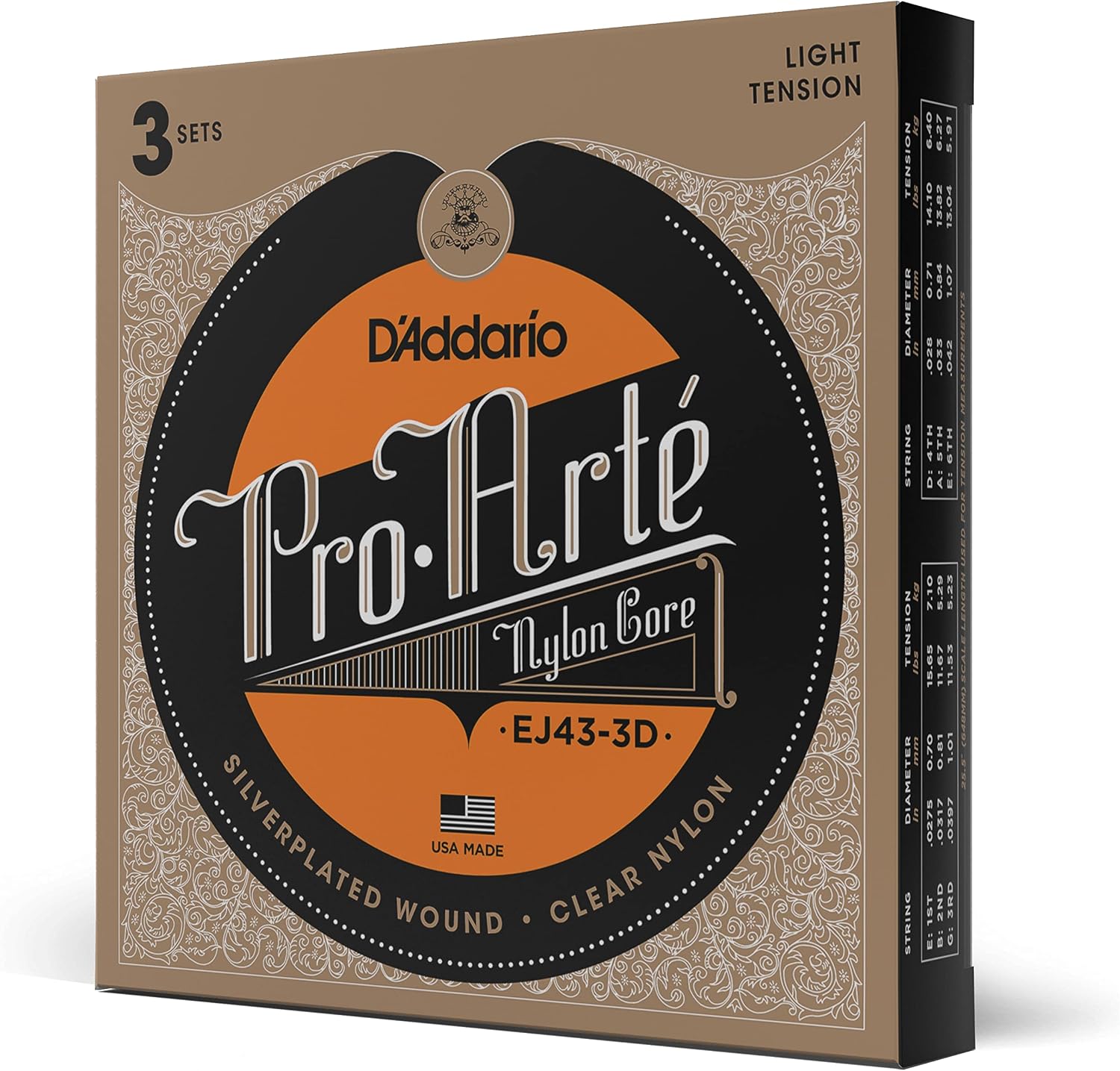 CUERDAS PARA GUITARRA CLÁSICA D'ADDARIO PRO-ARTE NYLON TENSIÓN LIGERA, 3 JUEGOS - 1