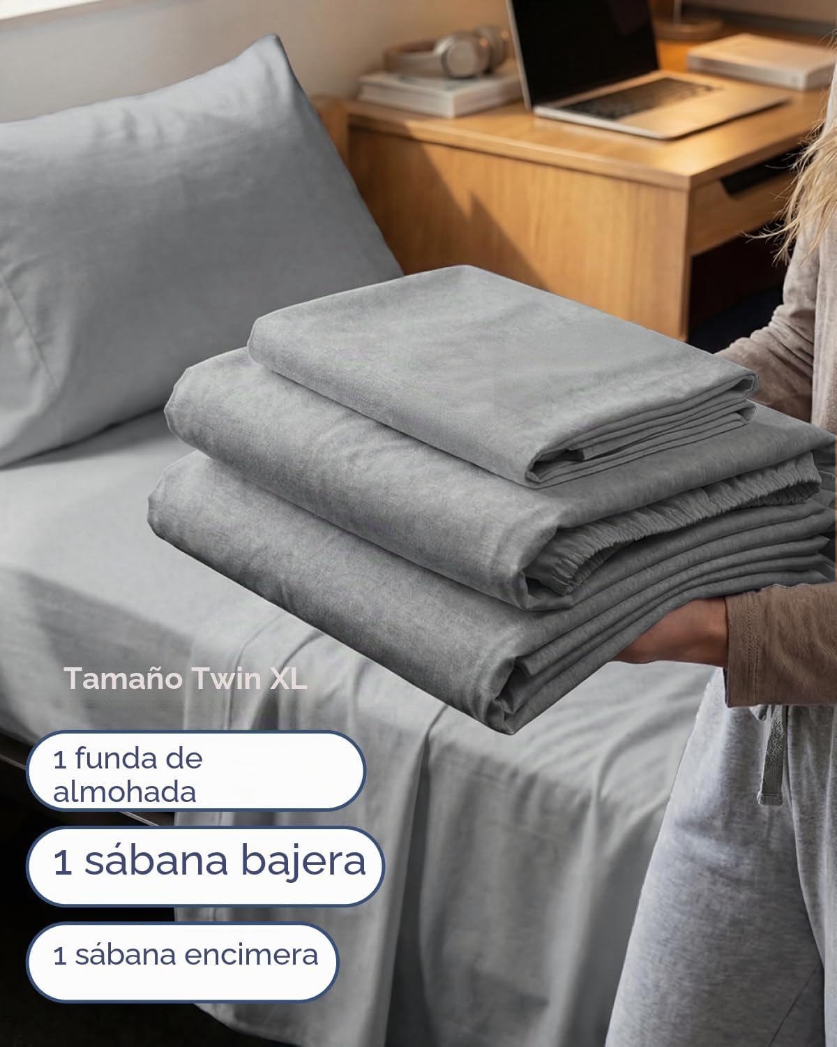 JUEGO DE SÁBANAS TWIN XL 3 PIEZAS MICROFIBRA GRIS JASPEADO - 3