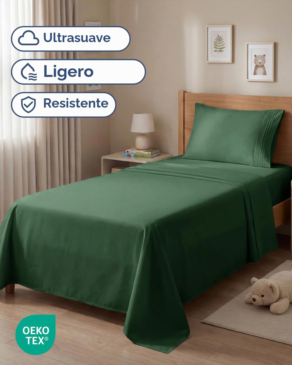 JUEGO DE SÁBANAS TWIN SIZE 3 PIEZAS MICROFIBRA VERDE ESMERALDA - 2