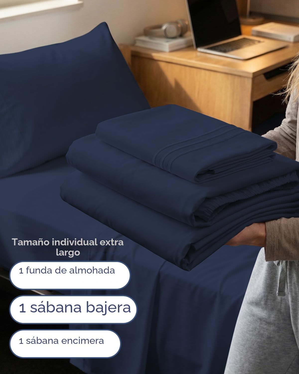 JUEGO DE SÁBANAS TWIN XL 3 PIEZAS MICROFIBRA AZUL MARINO - 3