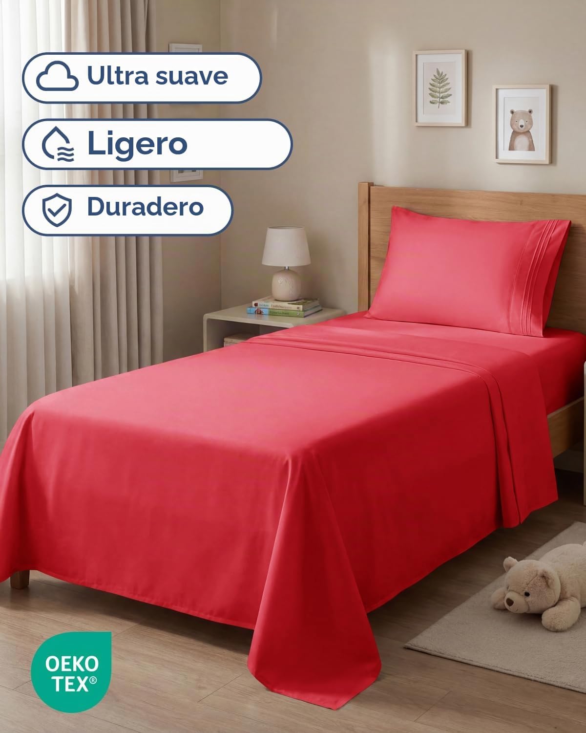 JUEGO DE SÁBANAS TWIN SIZE 3 PIEZAS MICROFIBRA ROJO - 2