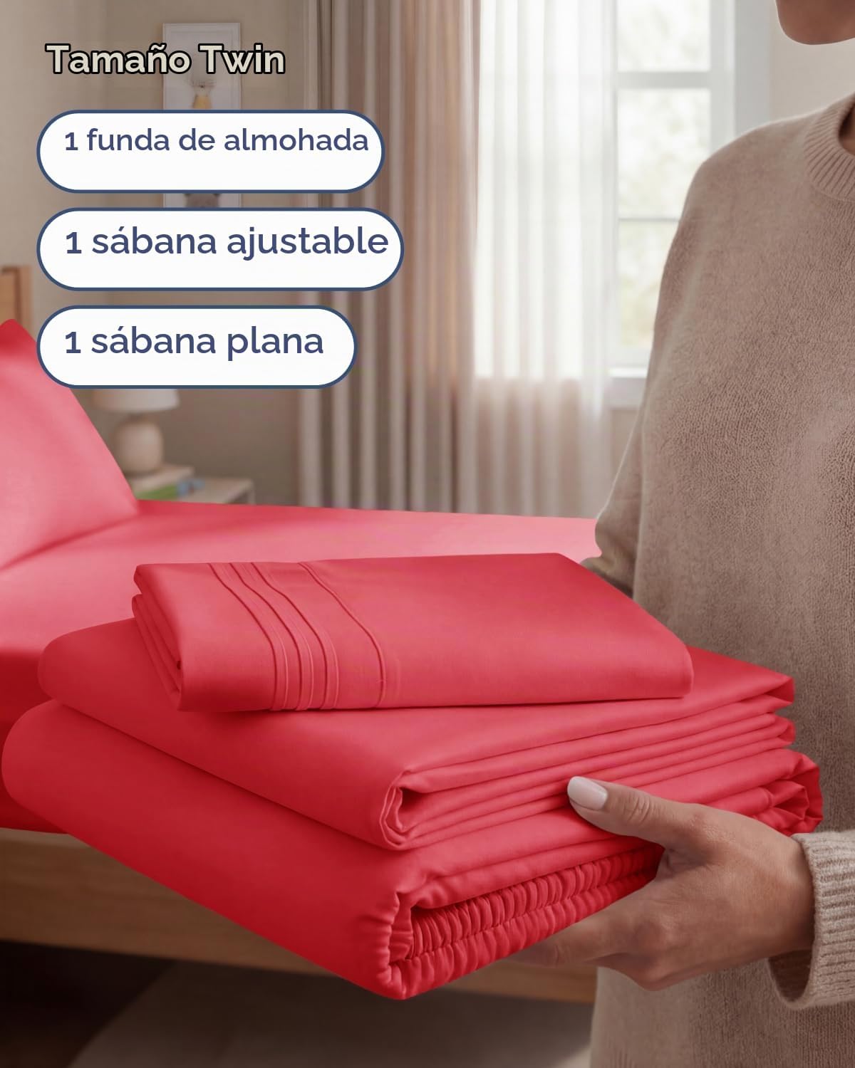 JUEGO DE SÁBANAS TWIN SIZE 3 PIEZAS MICROFIBRA ROJO - 3