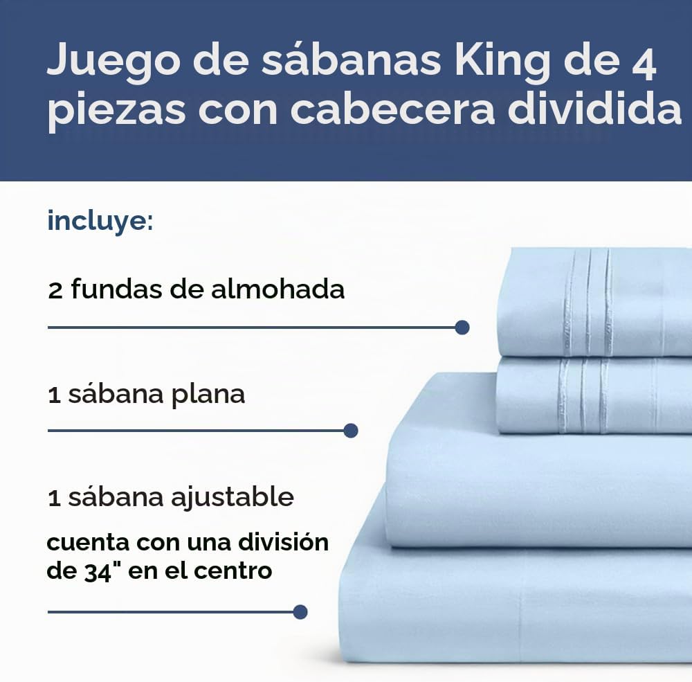 JUEGO DE SÁBANAS KING SPLIT HEAD CGK UNLIMITED AZUL CLARO 4 PIEZAS - 2