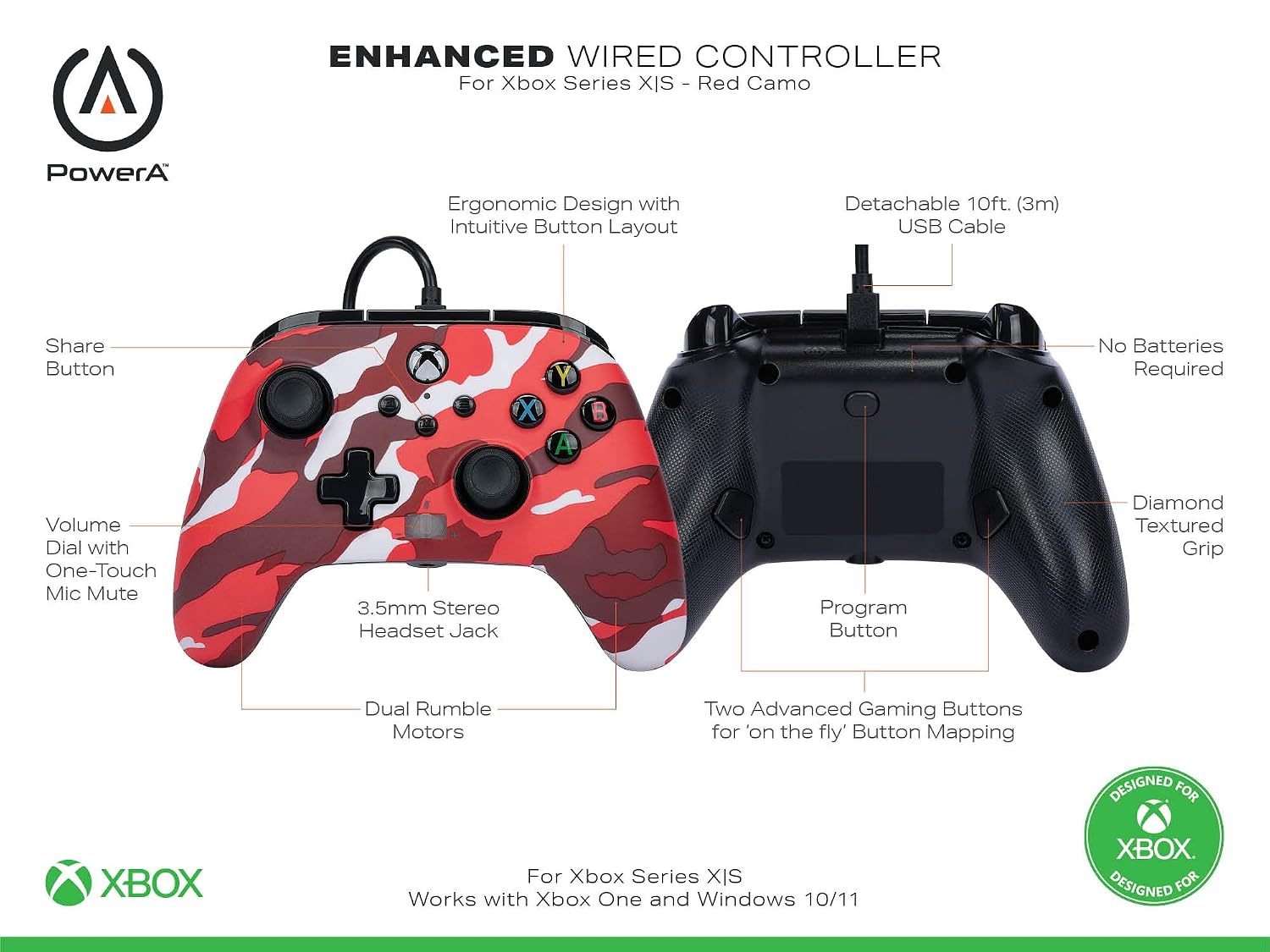 GAMEPAD POWERA ENHANCED WIRED CONTROLLER PARA XBOX SERIES X|S CAMUFLAJE ROJO - 2
