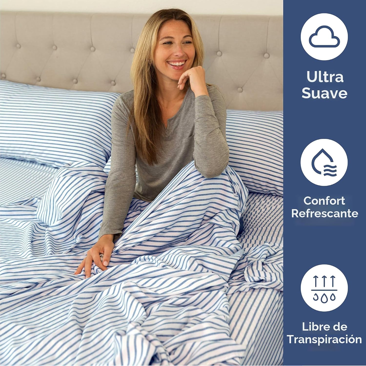 JUEGO DE SÁBANAS QUEEN SIZE 4 PIEZAS MICROFIBRA AZUL RAYAS - 4