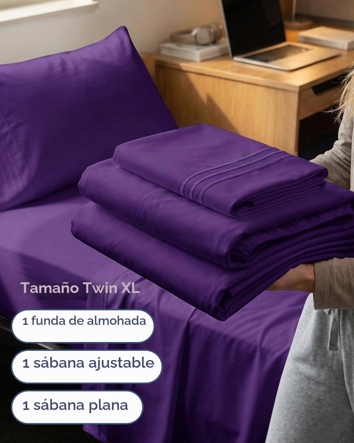 JUEGO DE SÁBANAS TWIN XL 3 PIEZAS CGK UNLIMITED MICROFIBRA PÚRPURA - 3