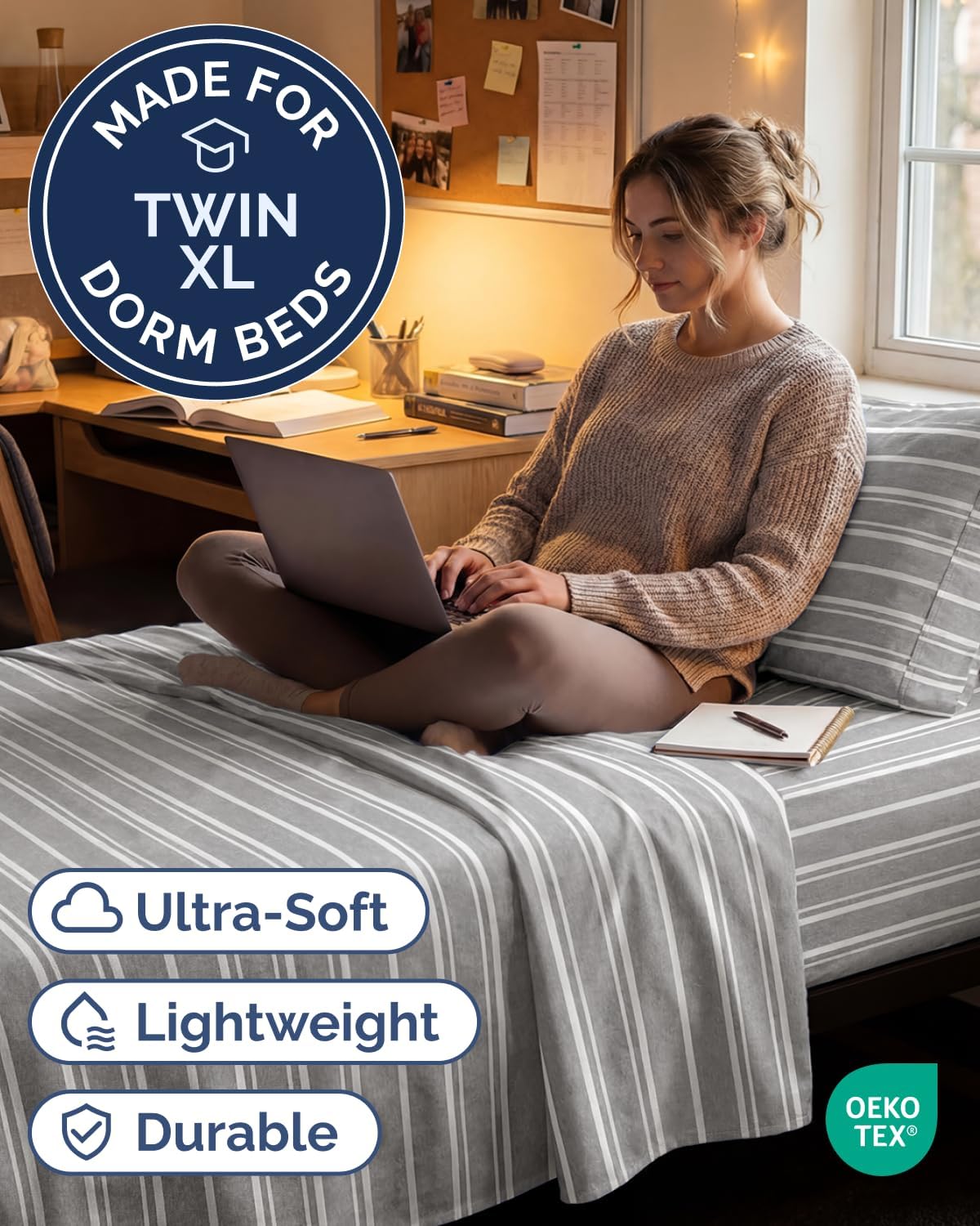 JUEGO DE SÁBANAS TWIN XL 3 PIEZAS MICROFIBRA GRIS A RAYAS - 2
