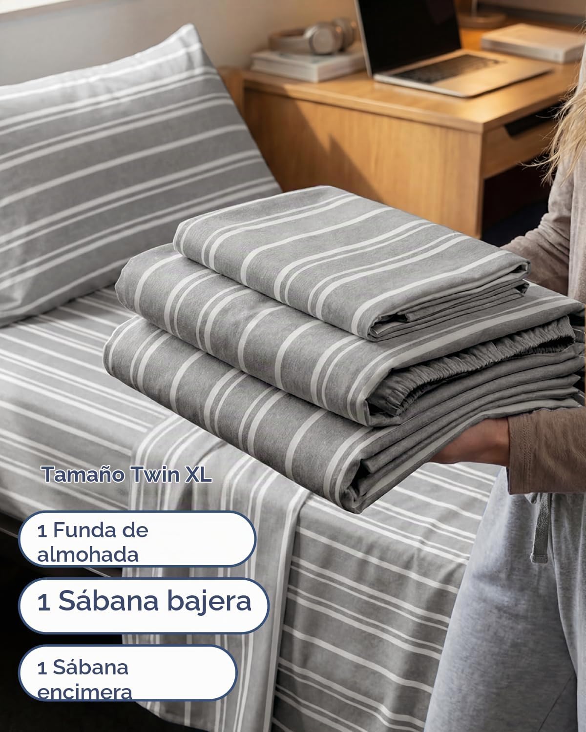 JUEGO DE SÁBANAS TWIN XL 3 PIEZAS MICROFIBRA GRIS A RAYAS - 3