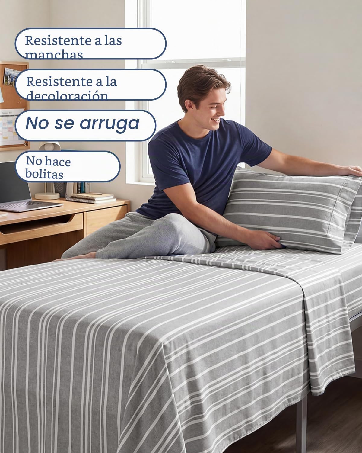 JUEGO DE SÁBANAS TWIN XL 3 PIEZAS MICROFIBRA GRIS A RAYAS - 5