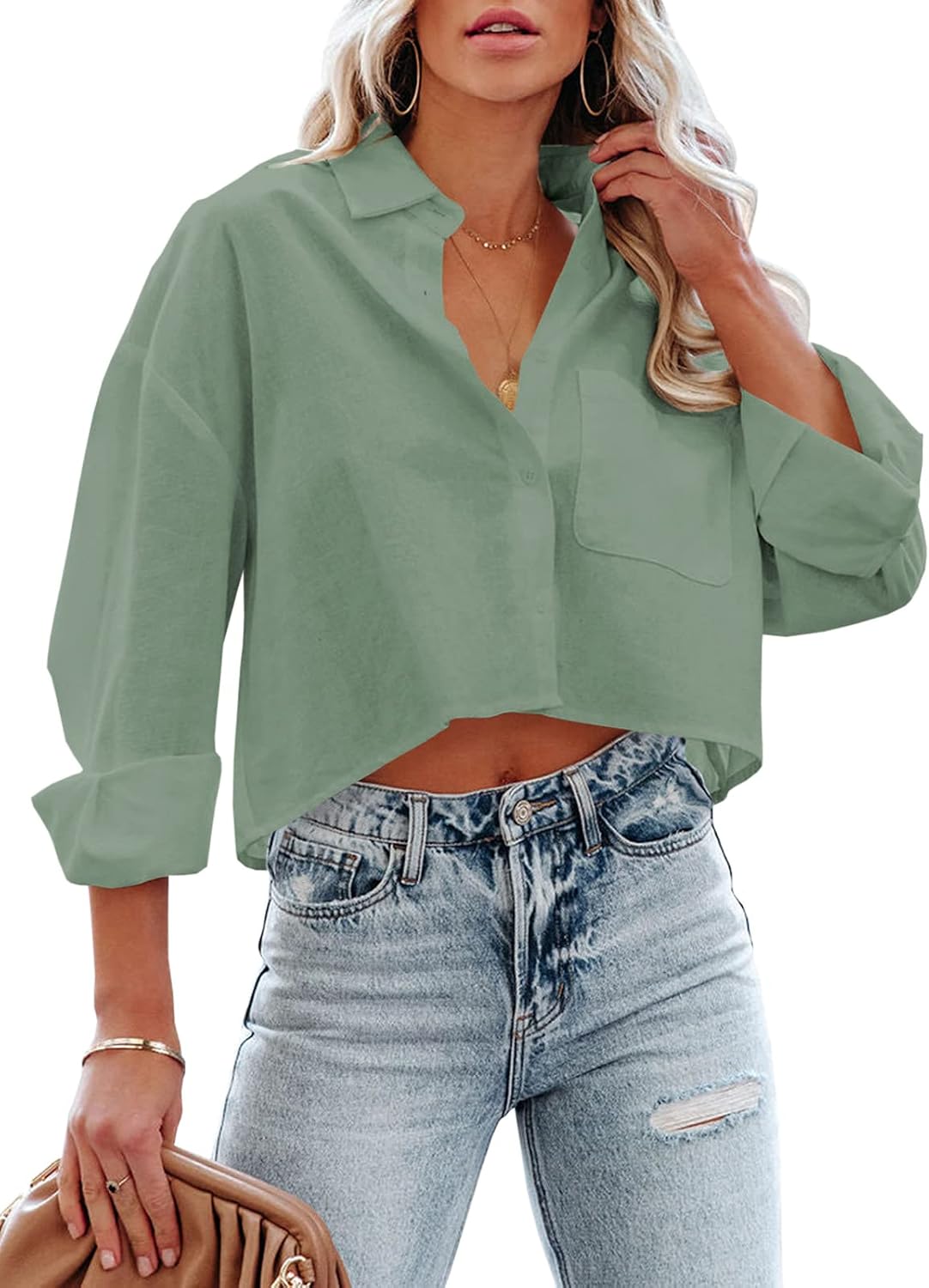 BLUSA TANKANEO CROPPED MANGA LARGA VERDE CLARO TALLA XXL - 1