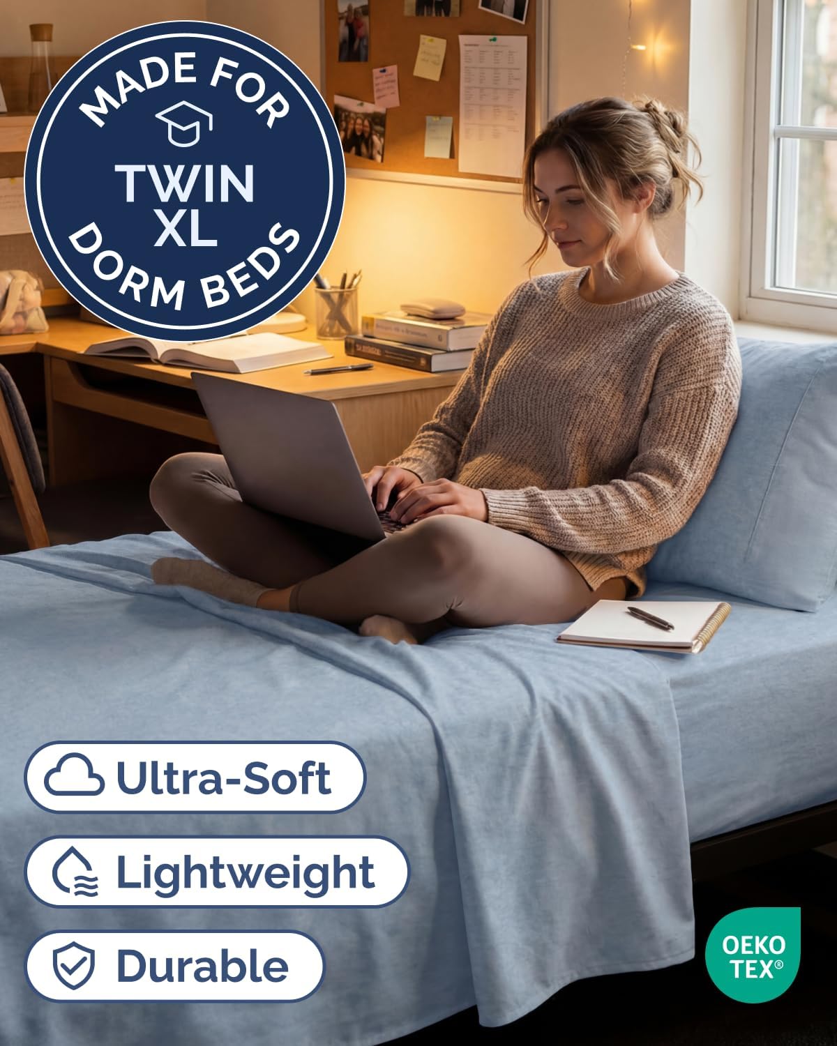 JUEGO DE SÁBANAS TWIN XL 3 PIEZAS MICROFIBRA AZUL HEATHERED - 2