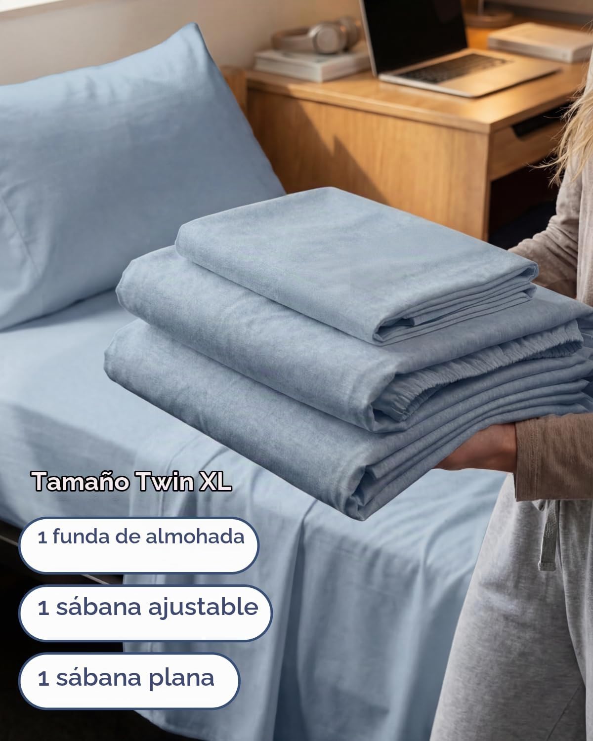 JUEGO DE SÁBANAS TWIN XL 3 PIEZAS MICROFIBRA AZUL HEATHERED - 3