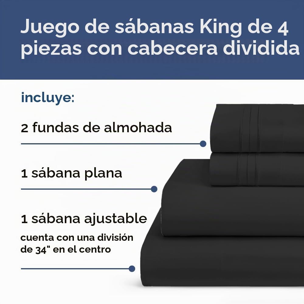 JUEGO DE SÁBANAS CGK UNLIMITED SPLIT HEAD KING 4 PIEZAS NEGRO - 3